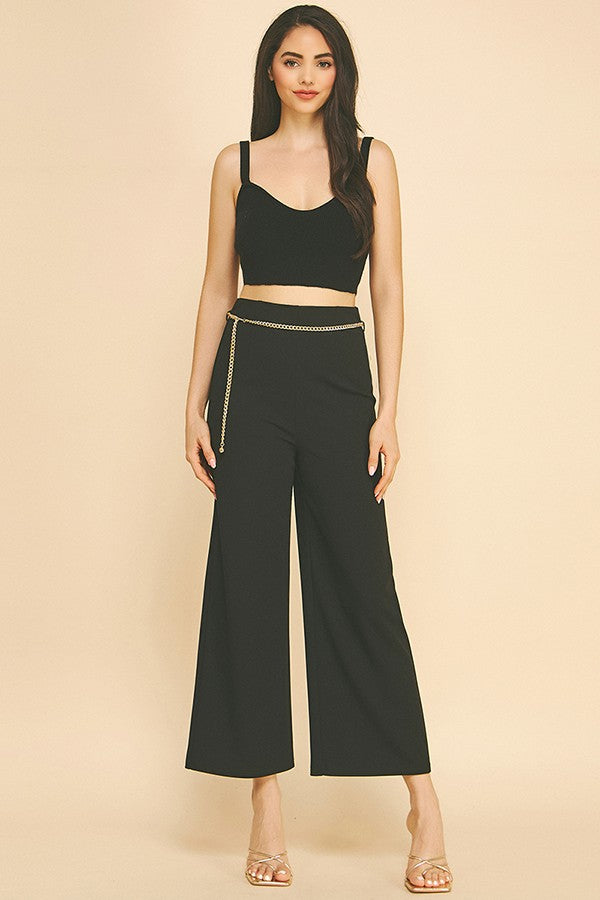 Jersey Faux Gold Chain Cropped Straight Wide Leg Pants