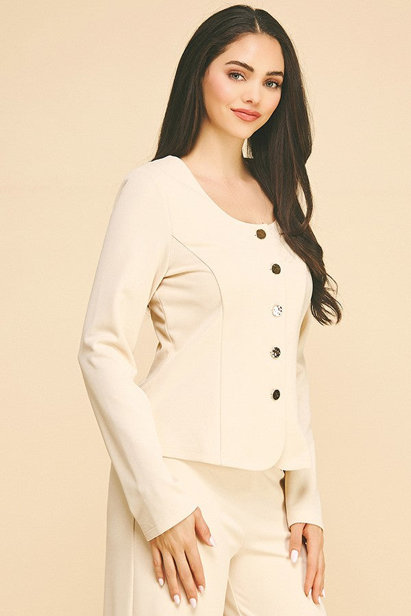 Jersey Quint Gold Button Down Scoop Neck Blazer Jacket