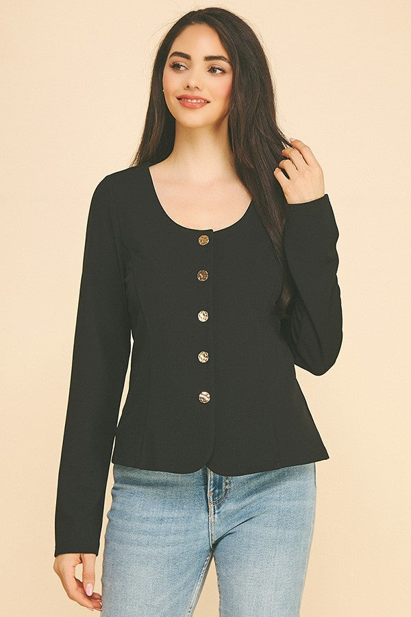 Jersey Quint Gold Button Down Scoop Neck Blazer Jacket