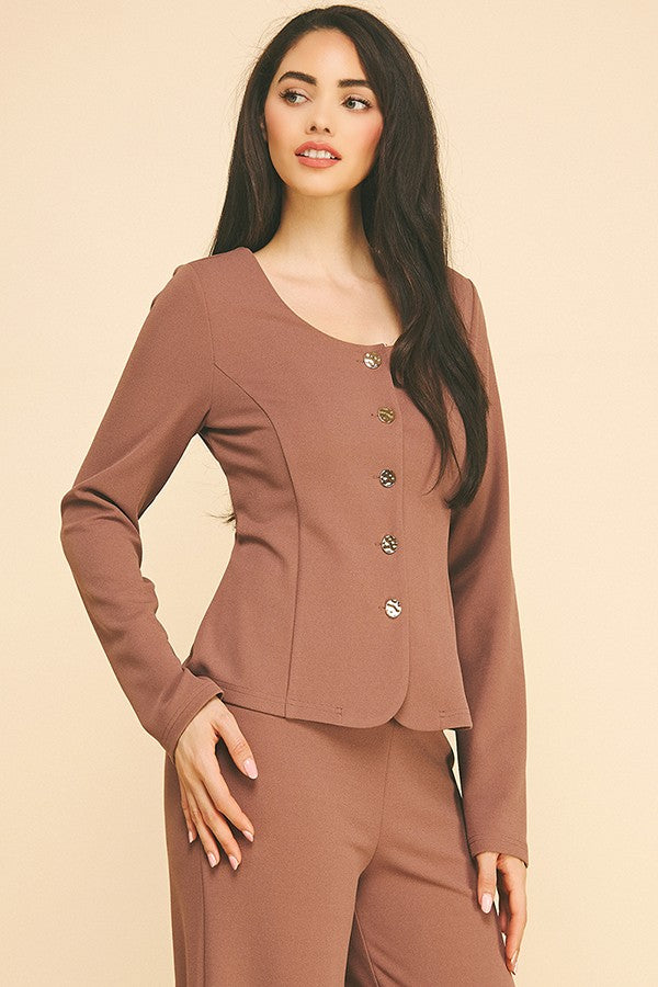 Jersey Quint Gold Button Down Scoop Neck Blazer Jacket