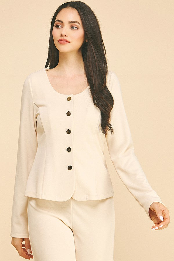 Jersey Quint Gold Button Down Scoop Neck Blazer Jacket