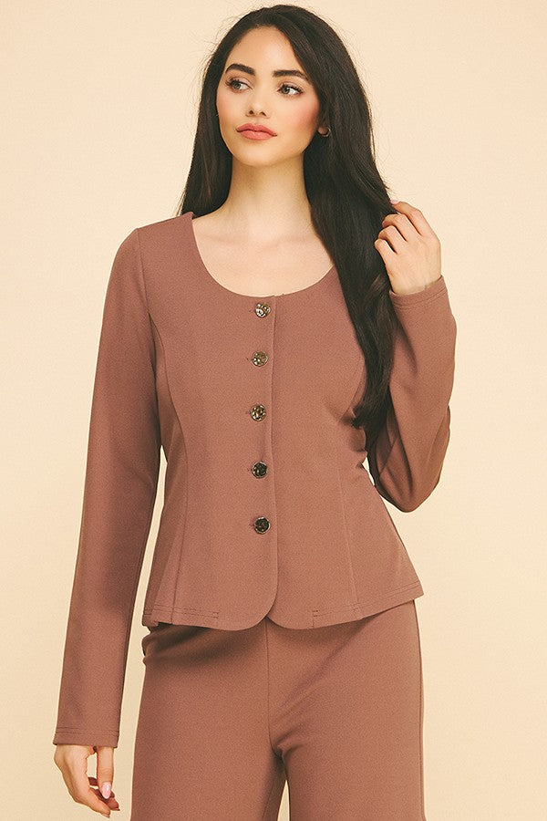 Jersey Quint Gold Button Down Scoop Neck Blazer Jacket