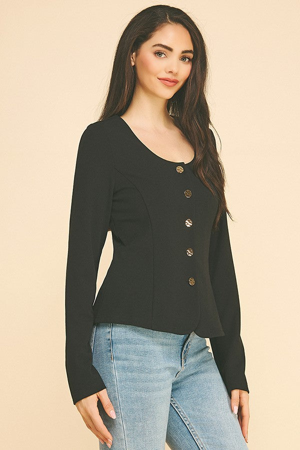 Jersey Quint Gold Button Down Scoop Neck Blazer Jacket