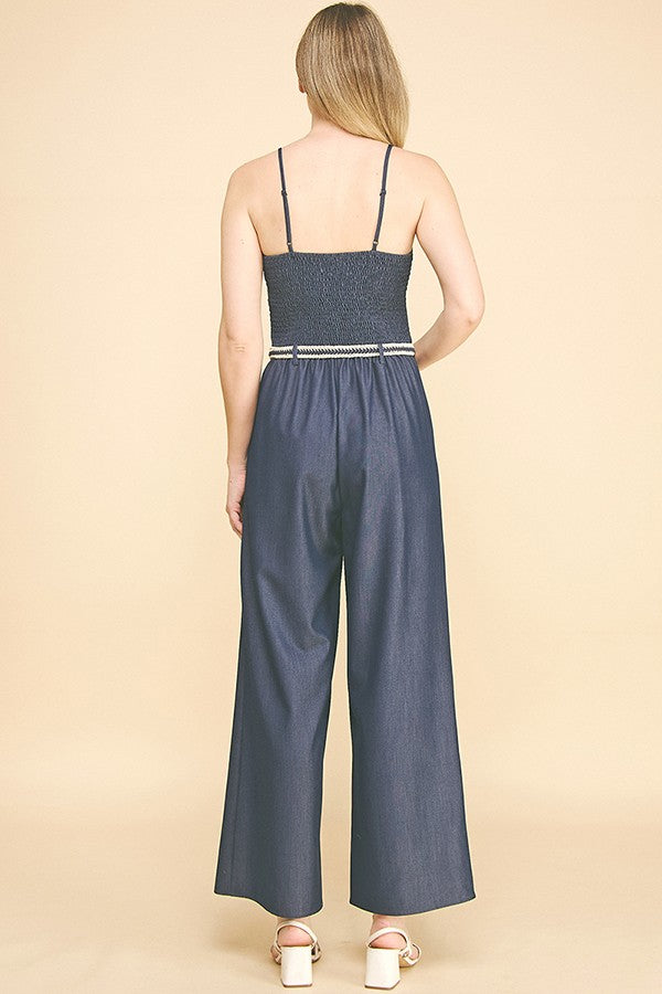 Denim Contrast Braided Belt Cami Top Jumpsuit