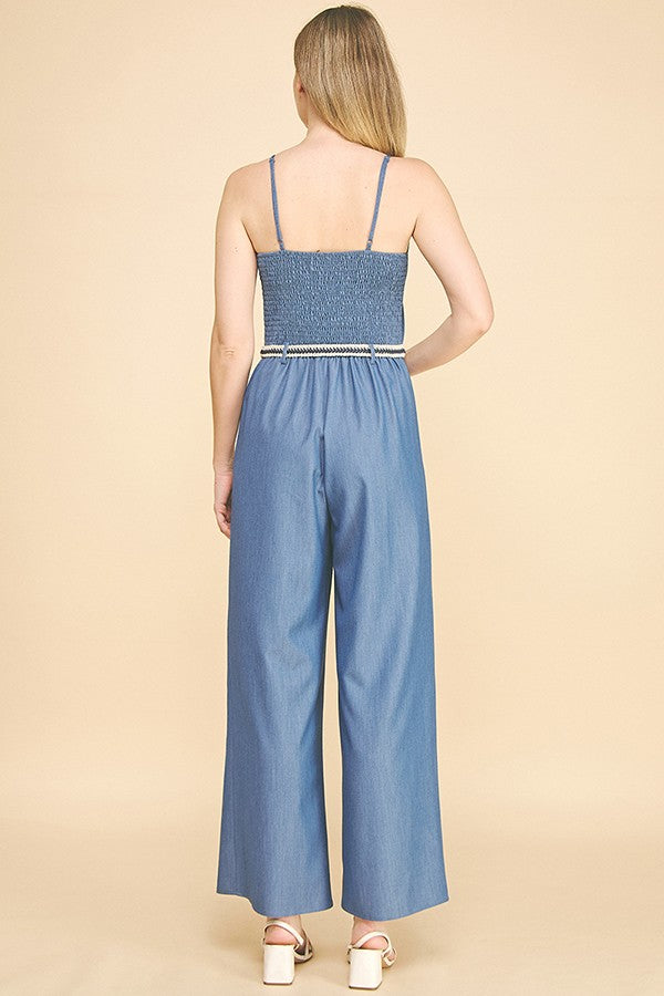 Denim Contrast Braided Belt Cami Top Jumpsuit