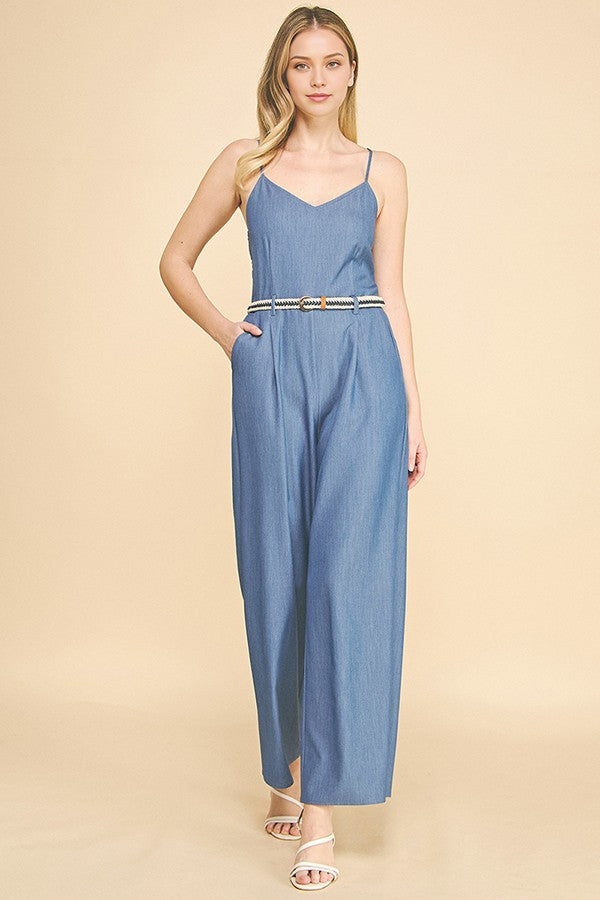 Denim Contrast Braided Belt Cami Top Jumpsuit