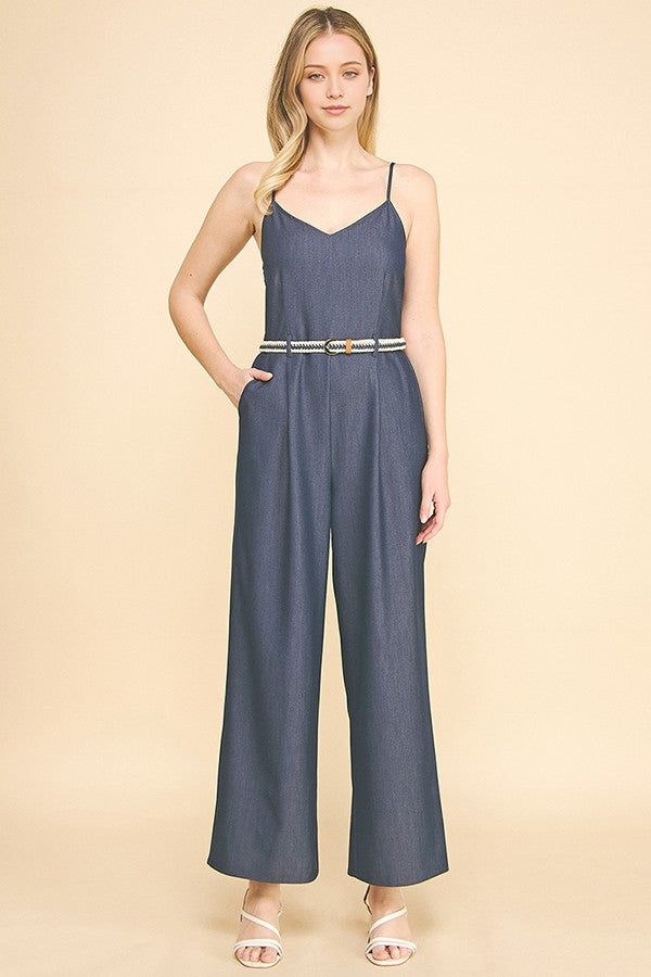 Denim Contrast Braided Belt Cami Top Jumpsuit