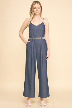 Denim Contrast Braided Belt Cami Top Jumpsuit