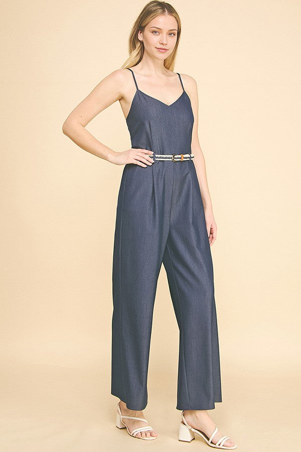 Denim Contrast Braided Belt Cami Top Jumpsuit