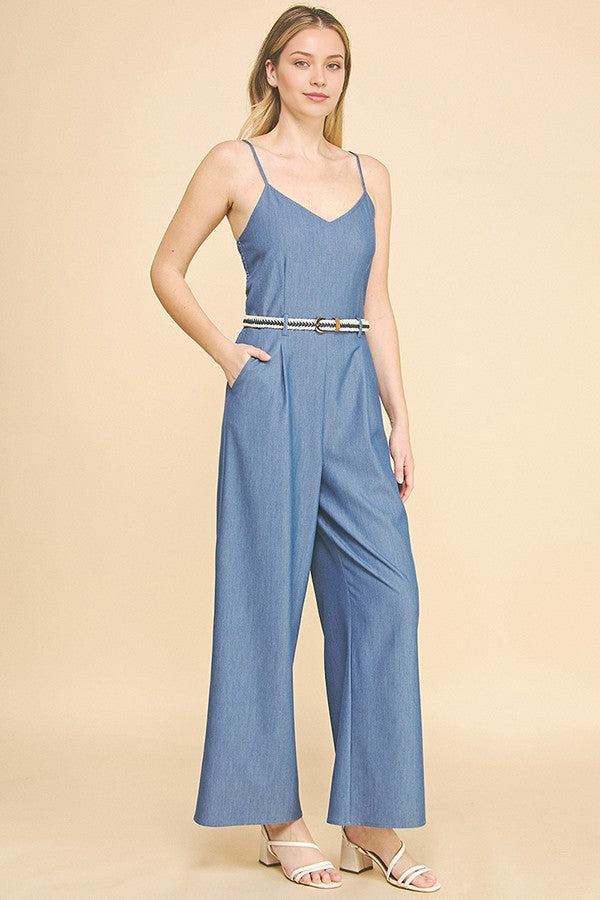 Denim Contrast Braided Belt Cami Top Jumpsuit