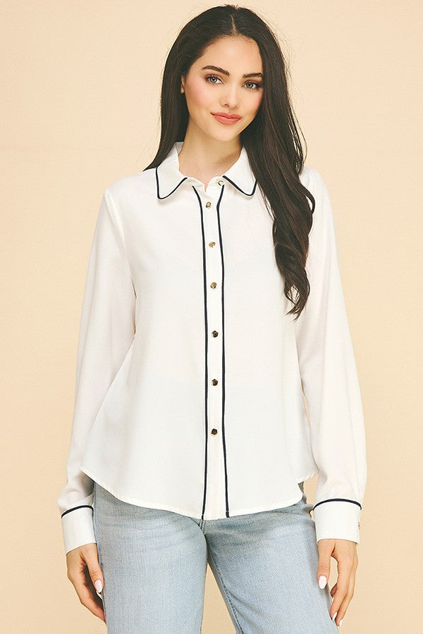 Crepe Contrast Piping Oversized Dress Shirt