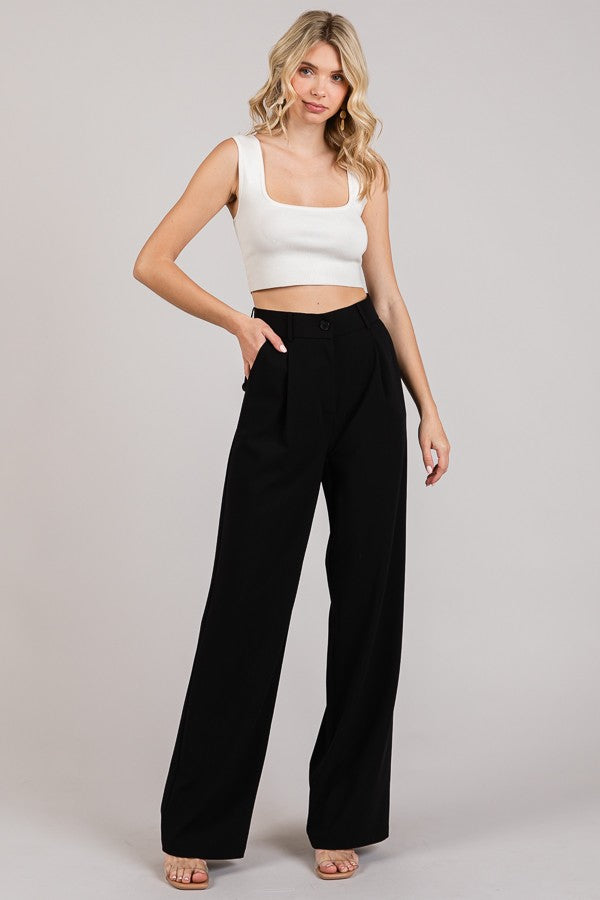 Twill Darted Wide Straight Leg Trousers Pants