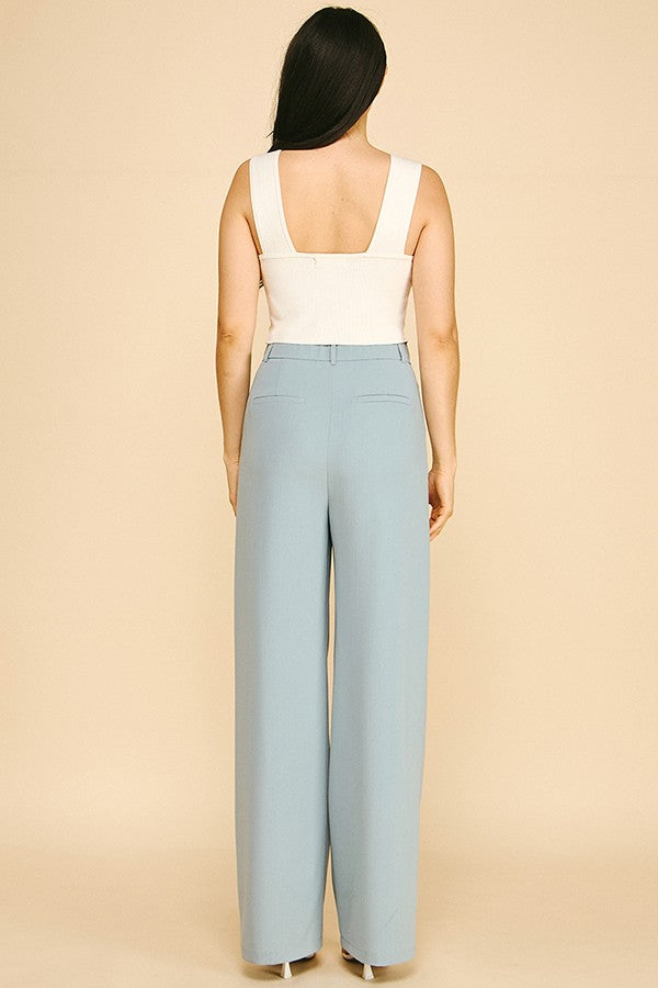 Twill Darted Wide Straight Leg Trousers Pants