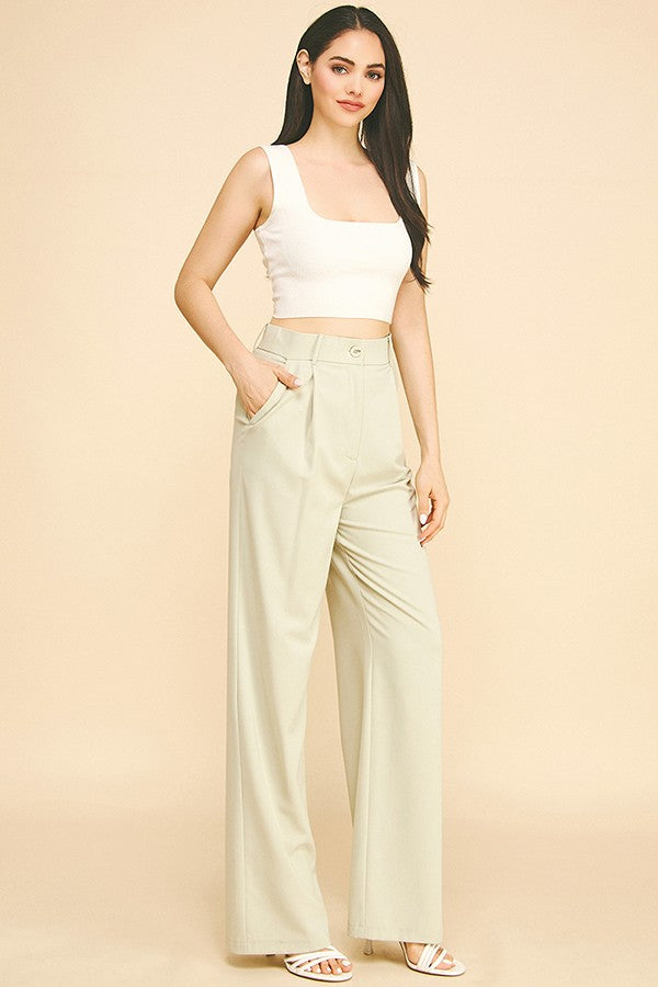 Twill Darted Wide Straight Leg Trousers Pants