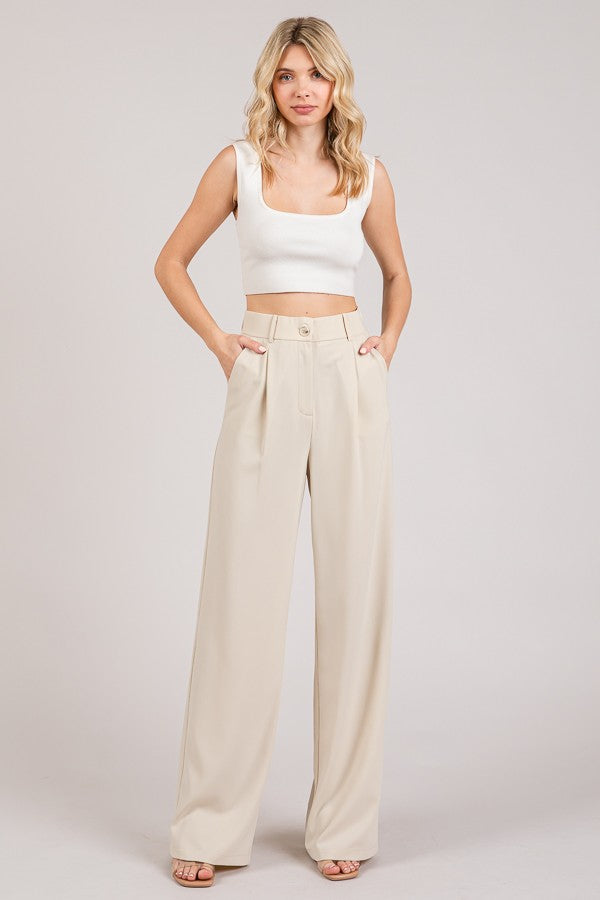 Twill Darted Wide Straight Leg Trousers Pants