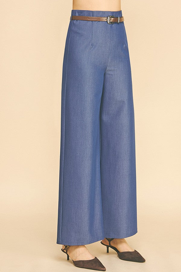 Denim Brown Leather Belted Darted Wide Leg Trousers