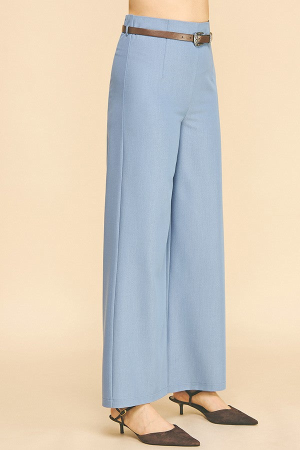 Denim Brown Leather Belted Darted Wide Leg Trousers