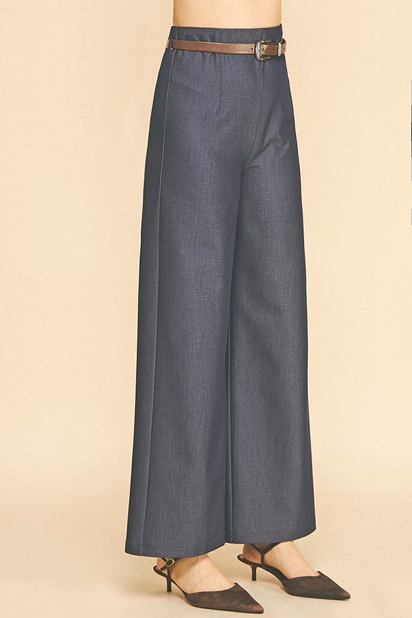 Denim Brown Leather Belted Darted Wide Leg Trousers