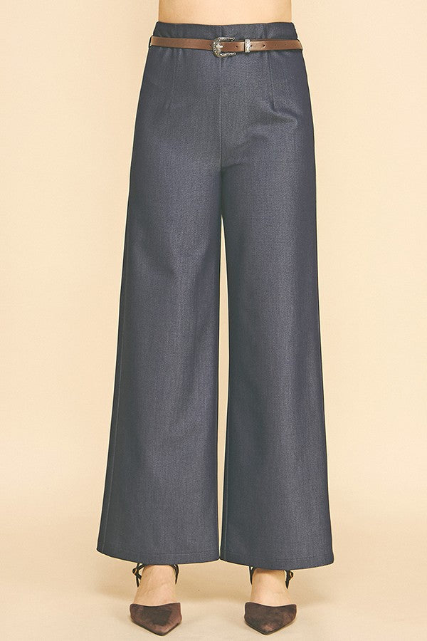 Denim Brown Leather Belted Darted Wide Leg Trousers