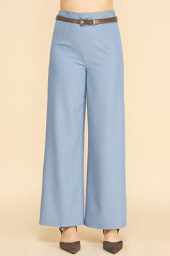 Denim Brown Leather Belted Darted Wide Leg Trousers