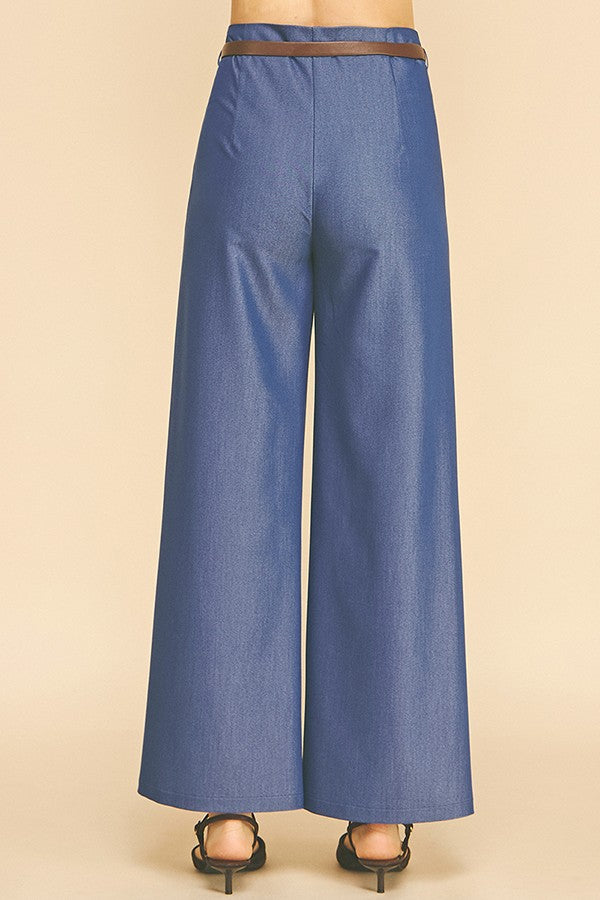 Denim Brown Leather Belted Darted Wide Leg Trousers