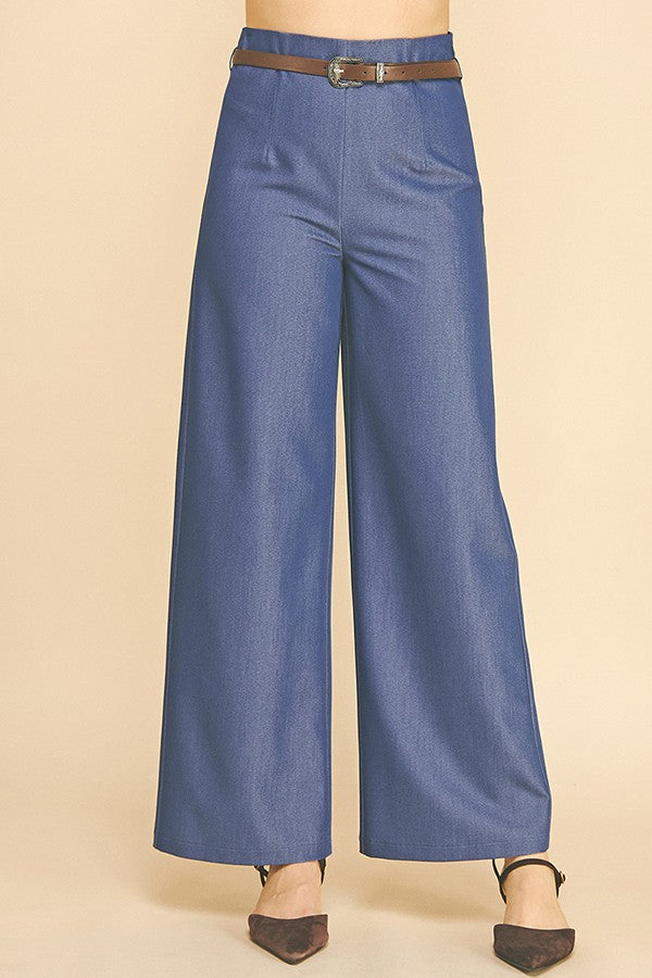 Denim Brown Leather Belted Darted Wide Leg Trousers