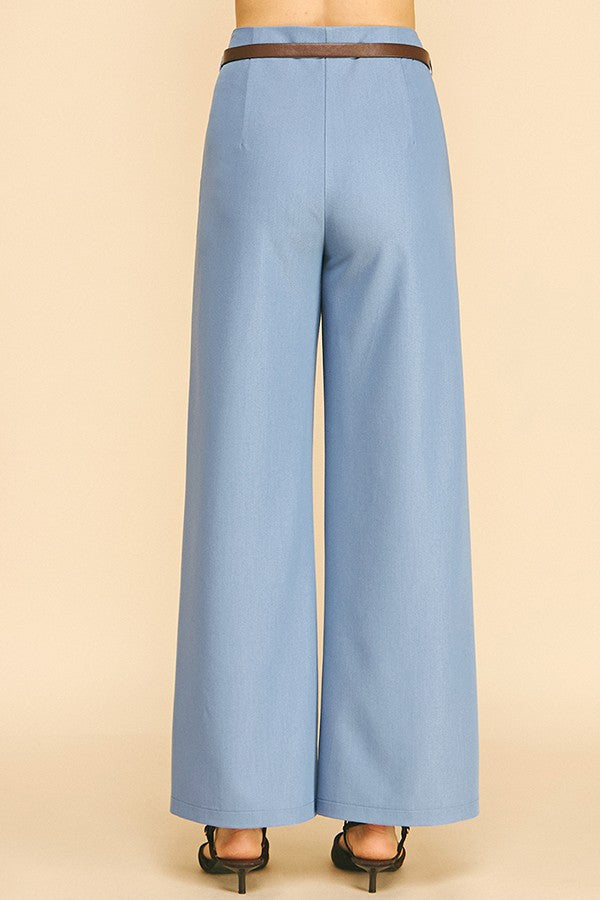 Denim Brown Leather Belted Darted Wide Leg Trousers