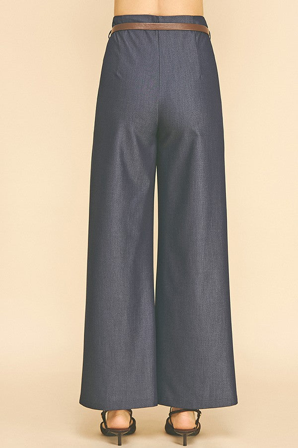 Denim Brown Leather Belted Darted Wide Leg Trousers
