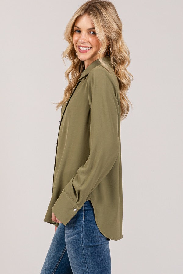 Textured Crepe Flower Rhinestone Button Dress Shirt Blouse
