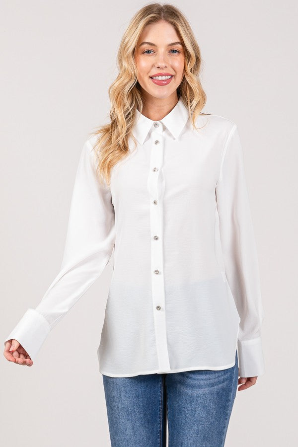 Textured Crepe Flower Rhinestone Button Dress Shirt Blouse