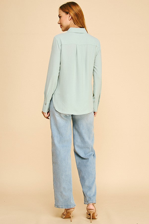 Textured Crepe Flower Rhinestone Button Dress Shirt Blouse