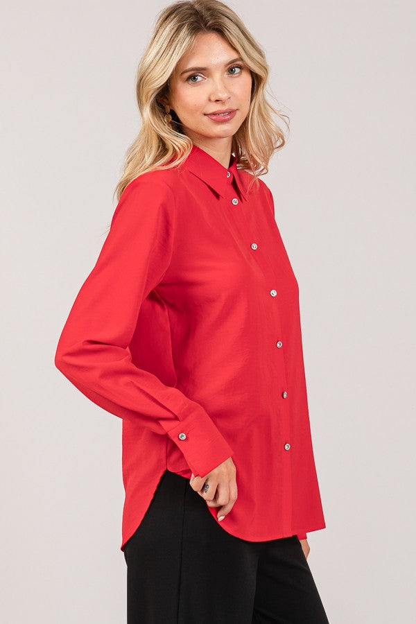 Textured Crepe Flower Rhinestone Button Dress Shirt Blouse