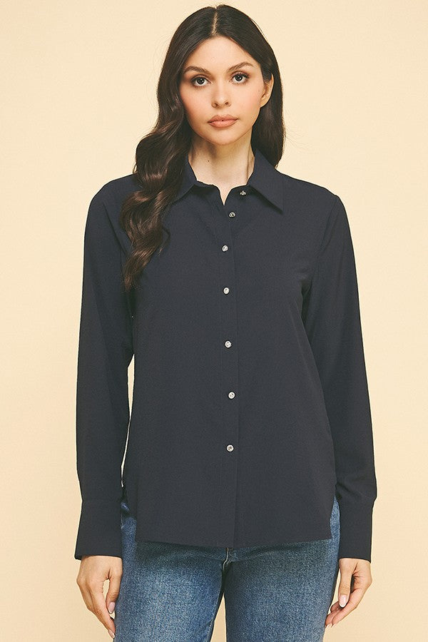 Textured Crepe Flower Rhinestone Button Dress Shirt Blouse