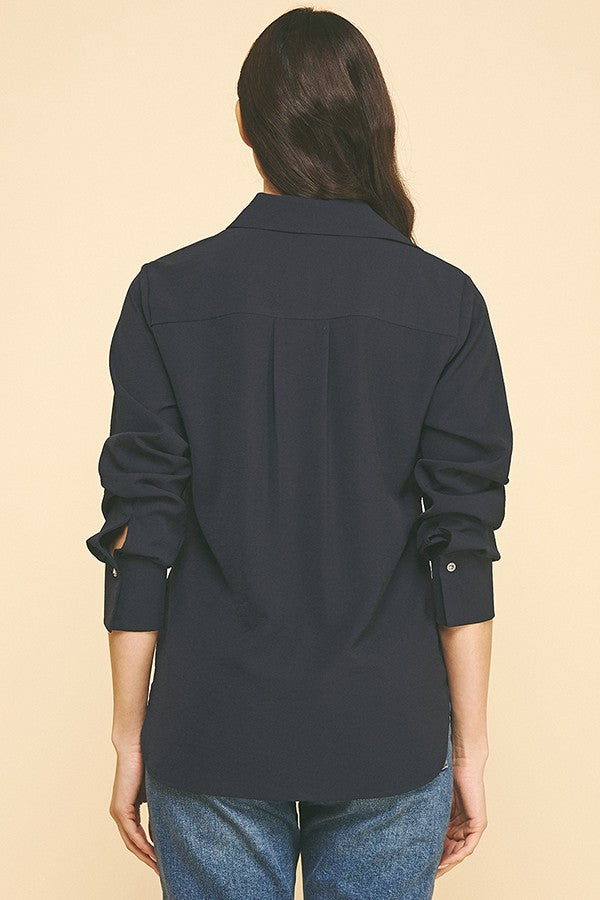 Textured Crepe Flower Rhinestone Button Dress Shirt Blouse