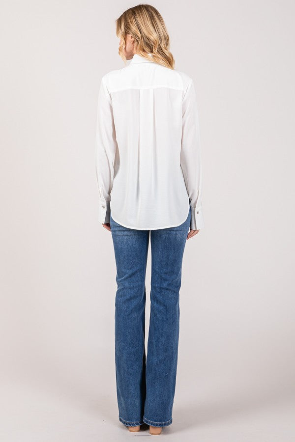 Textured Crepe Flower Rhinestone Button Dress Shirt Blouse