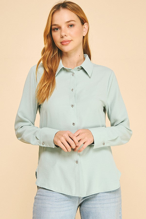Textured Crepe Flower Rhinestone Button Dress Shirt Blouse