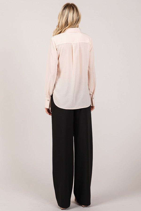 Textured Crepe Flower Rhinestone Button Dress Shirt Blouse