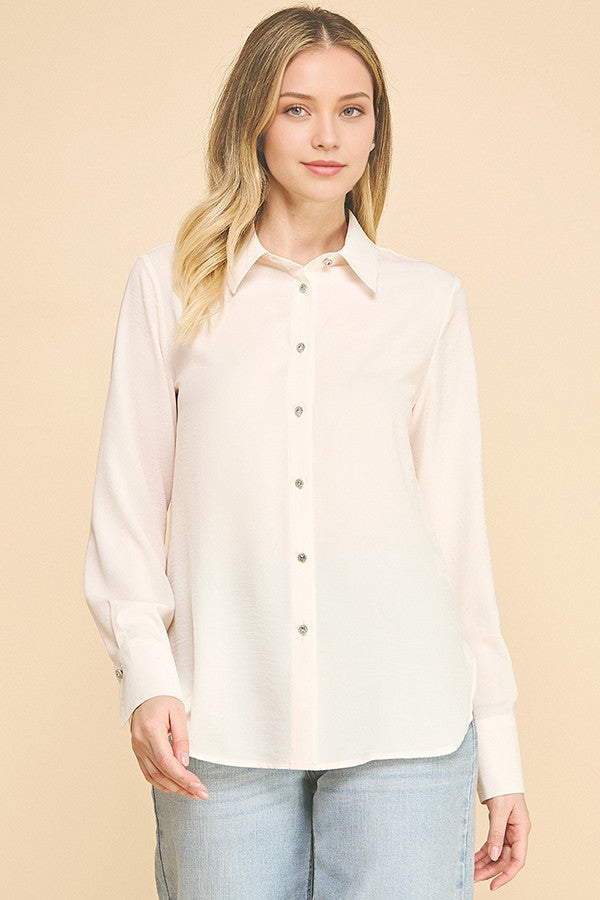 Textured Crepe Flower Rhinestone Button Dress Shirt Blouse