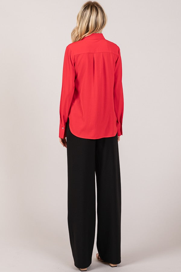 Textured Crepe Flower Rhinestone Button Dress Shirt Blouse