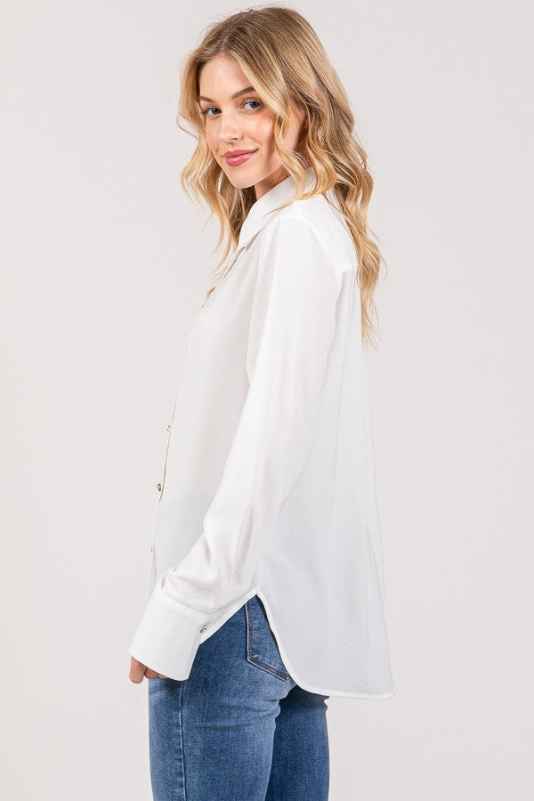 Textured Crepe Flower Rhinestone Button Dress Shirt Blouse
