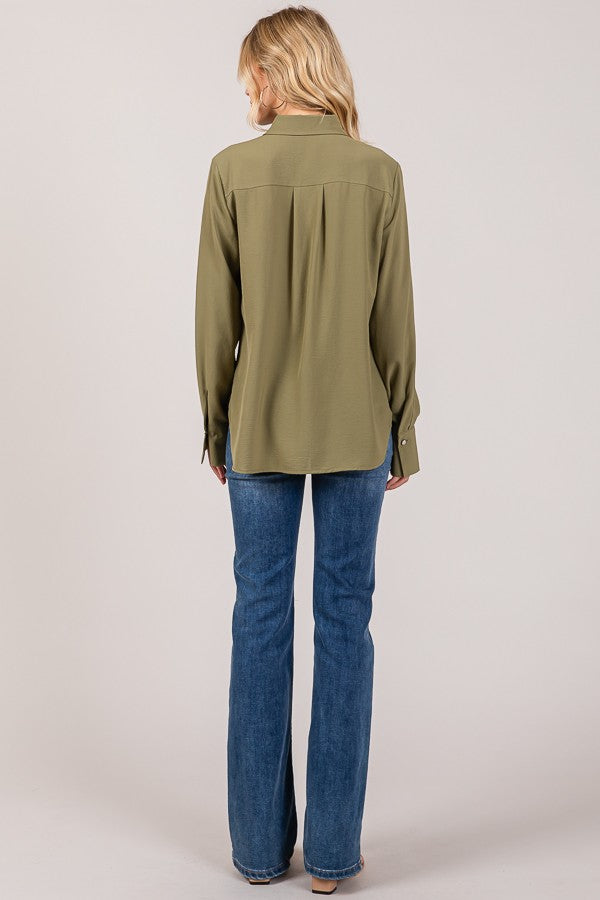 Textured Crepe Flower Rhinestone Button Dress Shirt Blouse