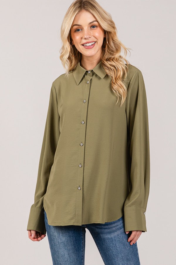 Textured Crepe Flower Rhinestone Button Dress Shirt Blouse