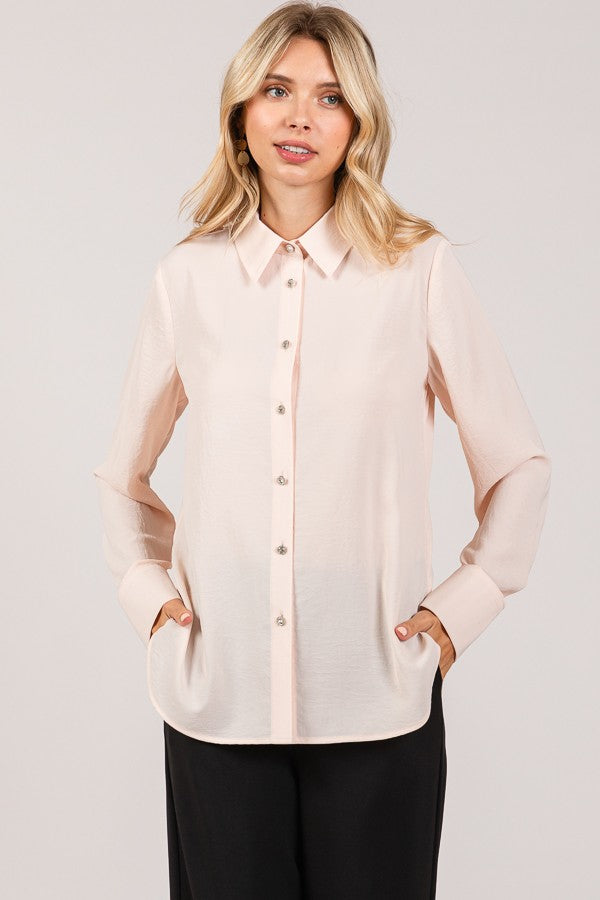 Textured Crepe Flower Rhinestone Button Dress Shirt Blouse