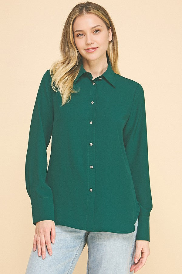 Textured Crepe Flower Rhinestone Button Dress Shirt Blouse