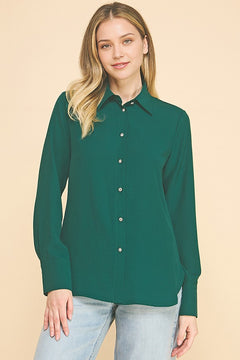 Textured Crepe Flower Rhinestone Button Dress Shirt Blouse