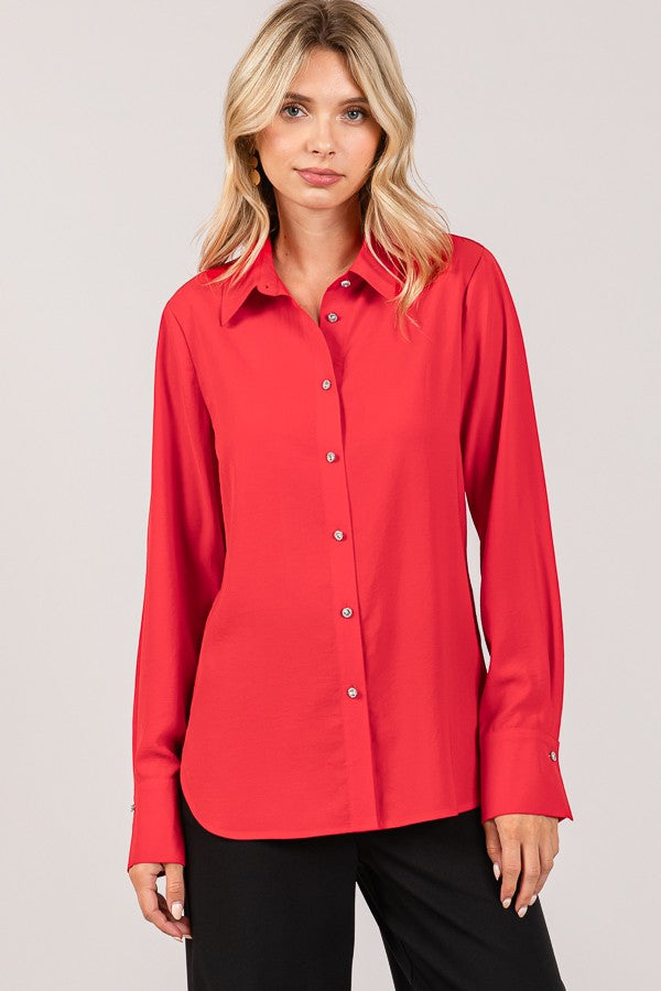 Textured Crepe Flower Rhinestone Button Dress Shirt Blouse