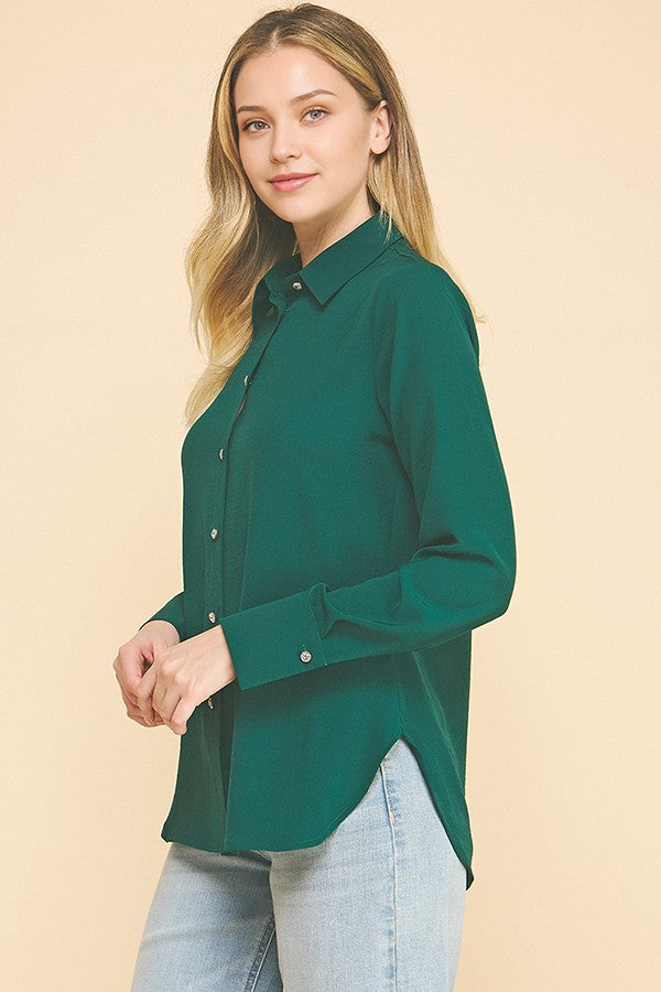 Textured Crepe Flower Rhinestone Button Dress Shirt Blouse