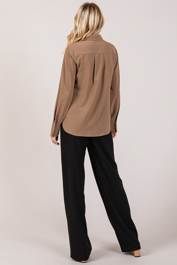 Textured Crepe Flower Rhinestone Button Dress Shirt Blouse