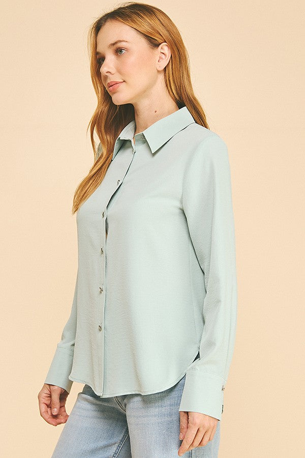 Textured Crepe Flower Rhinestone Button Dress Shirt Blouse
