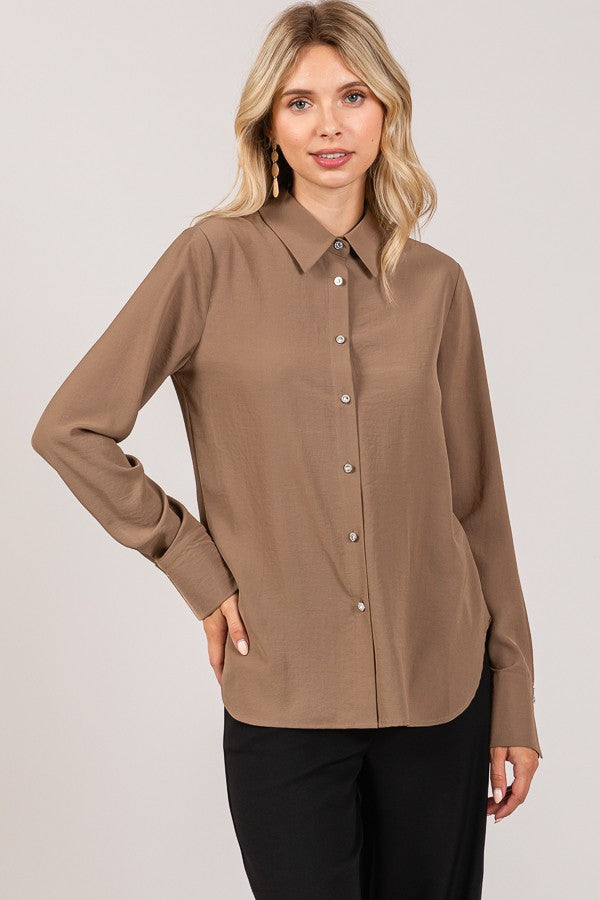 Textured Crepe Flower Rhinestone Button Dress Shirt Blouse